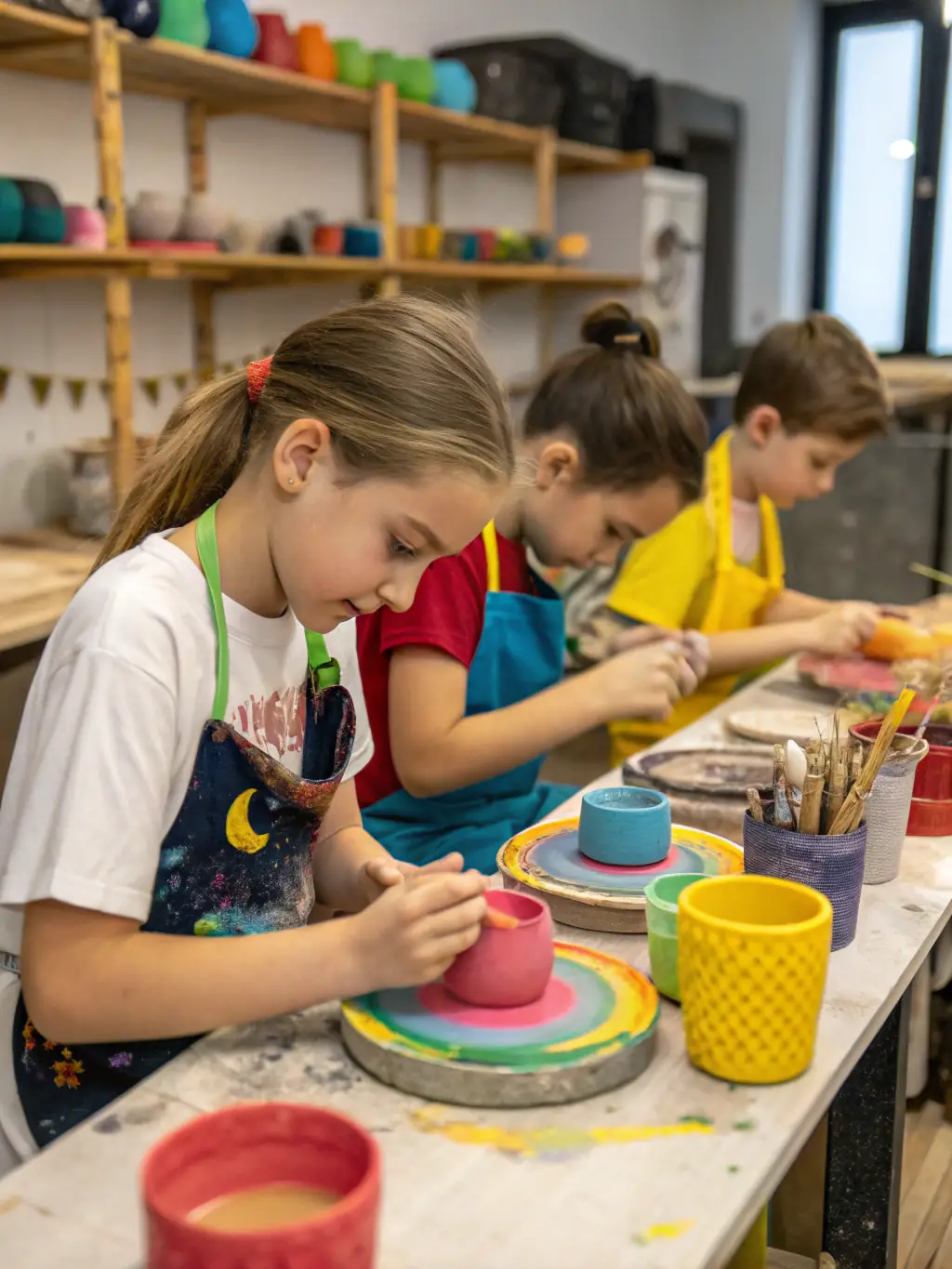 A group of children enthusiastically participating in a pottery class, their hands covered in clay as they mold various shapes, showcasing the hands-on artistic activities offered by Maison des Jeunes Loisirs Animations.
