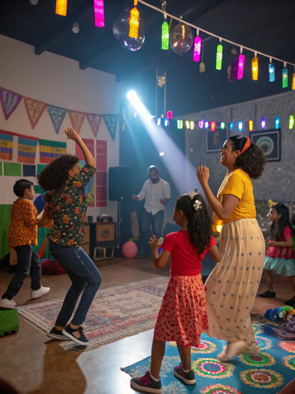 A vibrant scene from a community dance class, with participants of all ages moving to the rhythm, highlighting the inclusive and energetic atmosphere of the association's dance programs.