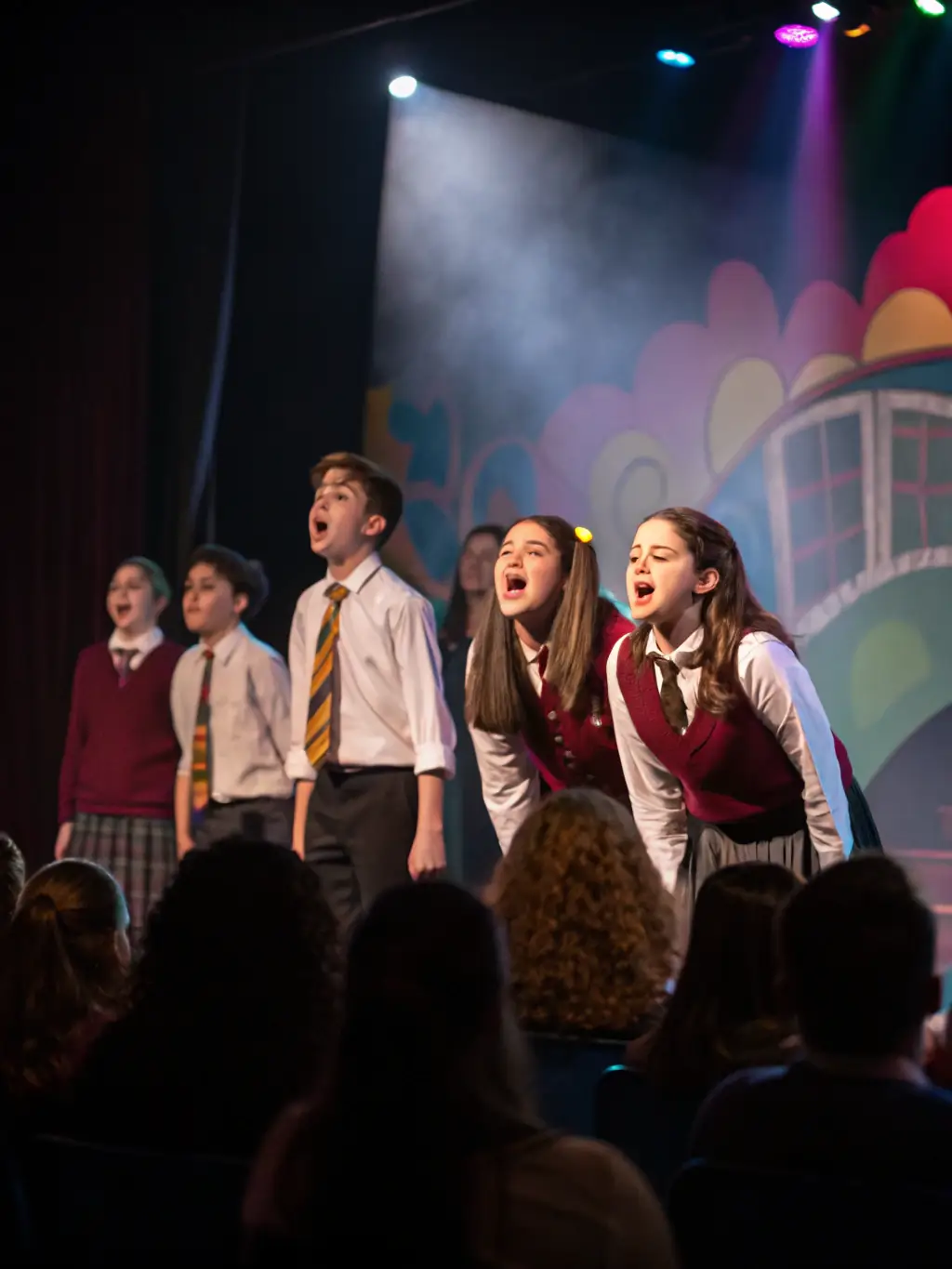 Teenagers rehearsing a scene on a brightly lit stage, with a director providing guidance, highlighting the theatrical arts program at Maison des Jeunes Loisirs Animations.