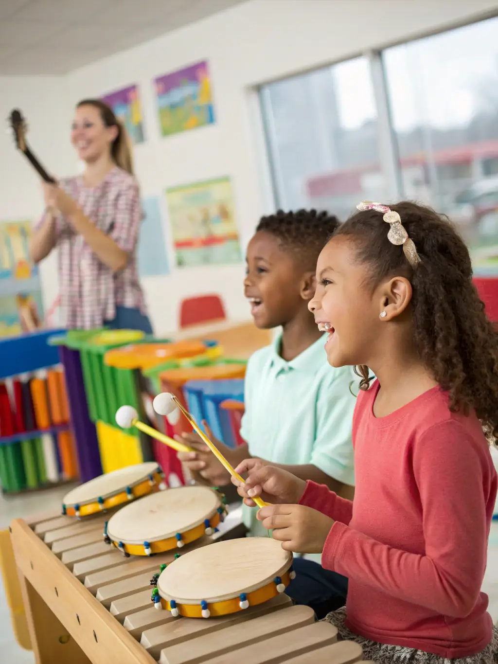 Children learning to play musical instruments in a group setting, guided by an instructor, demonstrating the music education program at Maison des Jeunes Loisirs Animations.