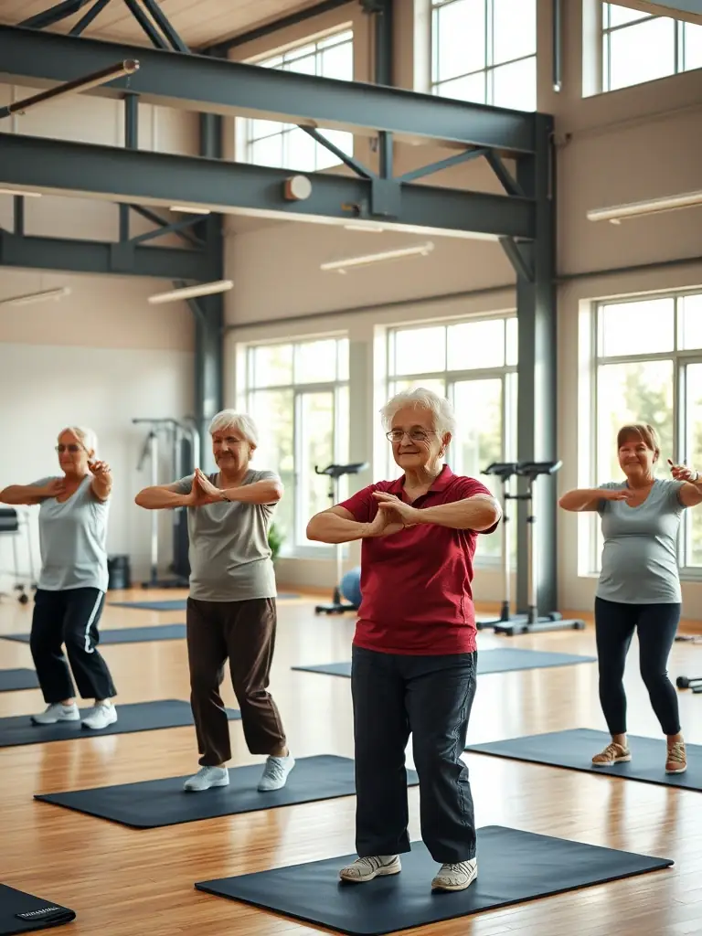 Seniors engaged in a gentle yoga session in a sunlit room, promoting wellness and flexibility, as part of the senior activities program at Maison des Jeunes Loisirs Animations.