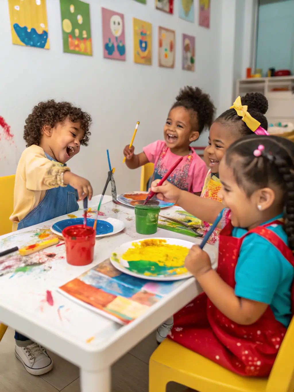A group of children enthusiastically participating in a painting workshop, with colorful artwork displayed around them, showcasing the creative atmosphere of Maison des Jeunes Loisirs Animations.