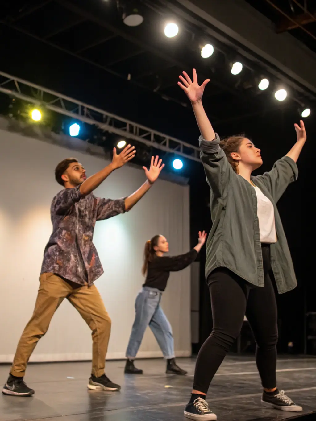 A photograph capturing a lively theater workshop, with participants rehearsing a scene, emphasizing the association's commitment to fostering dramatic arts and performance skills.
